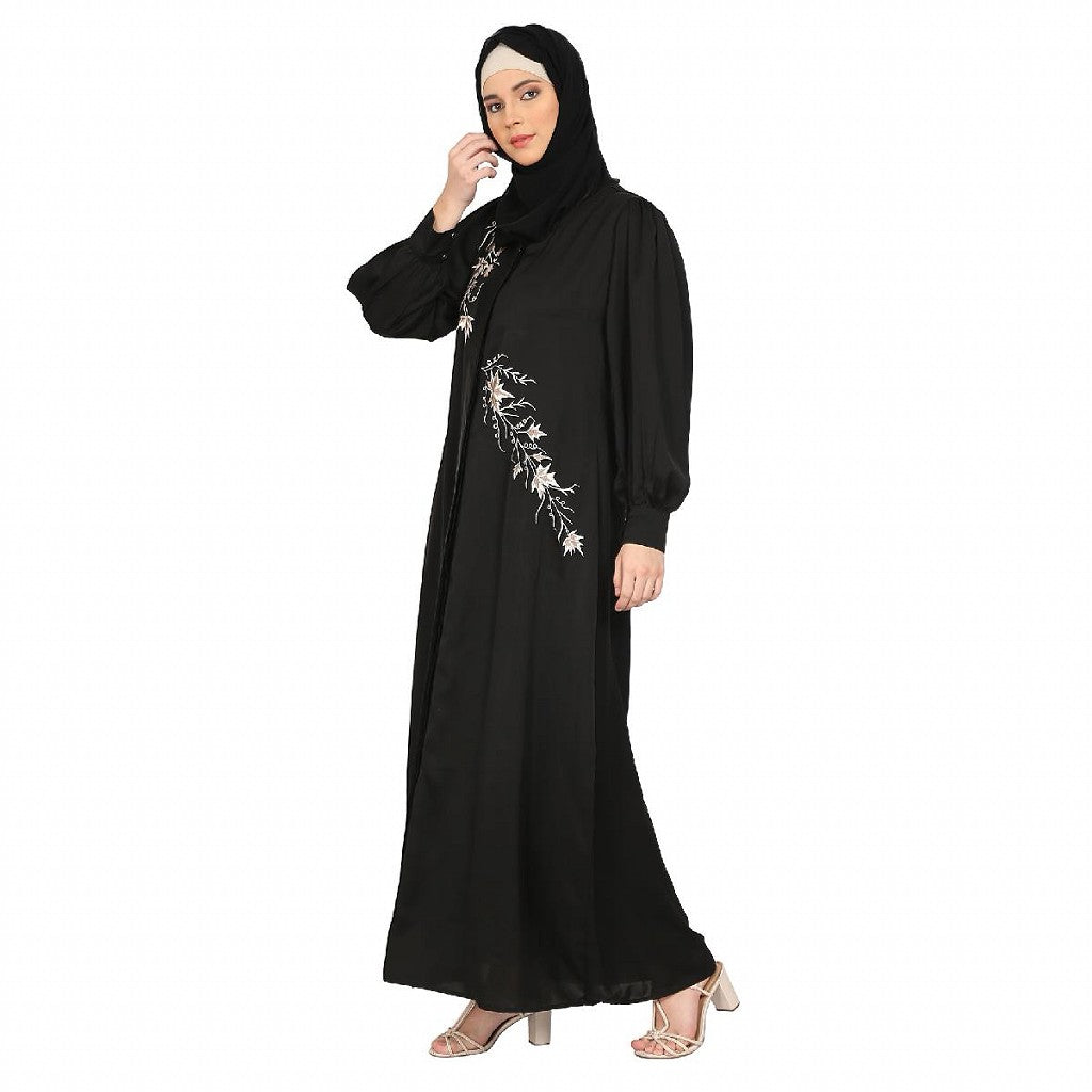 Front Open cuff sleeves Embroidery Abaya - Black