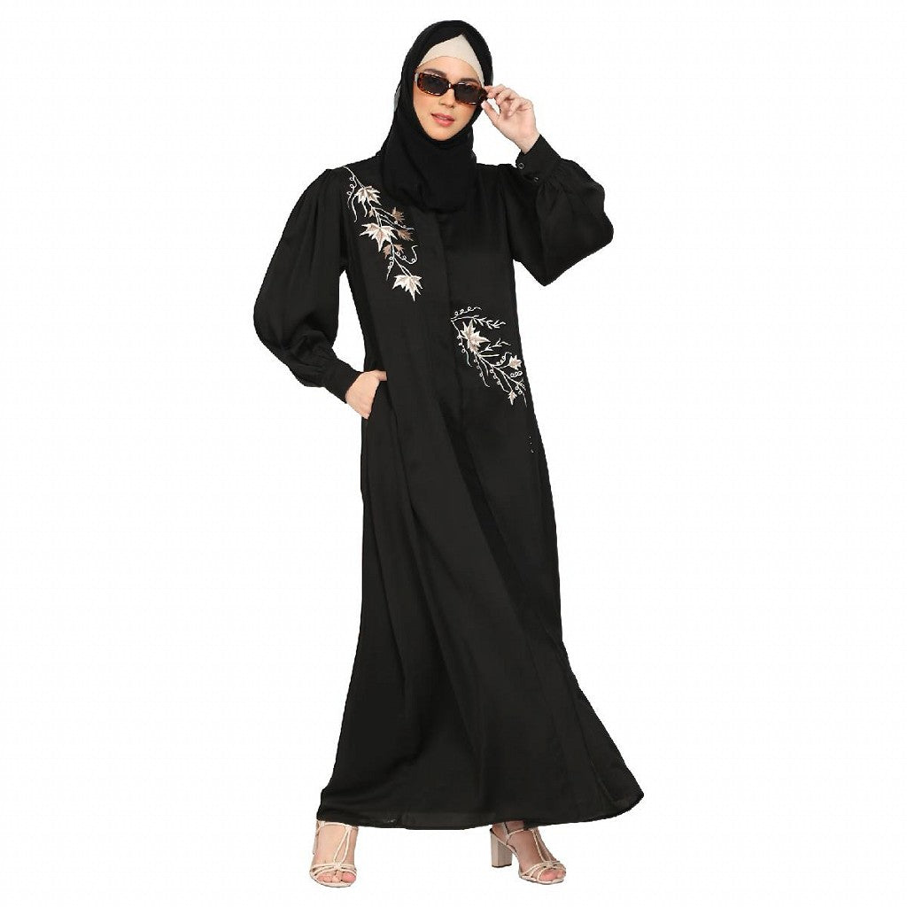 Front Open cuff sleeves Embroidery Abaya - Black