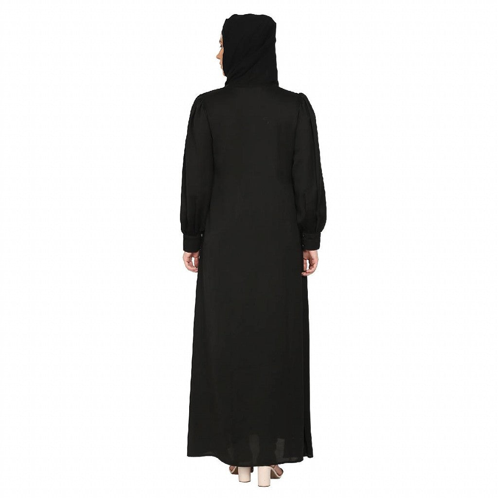Front Open cuff sleeves Embroidery Abaya - Black