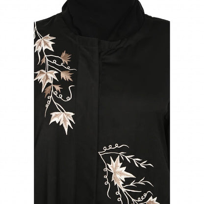 Front Open cuff sleeves Embroidery Abaya - Black