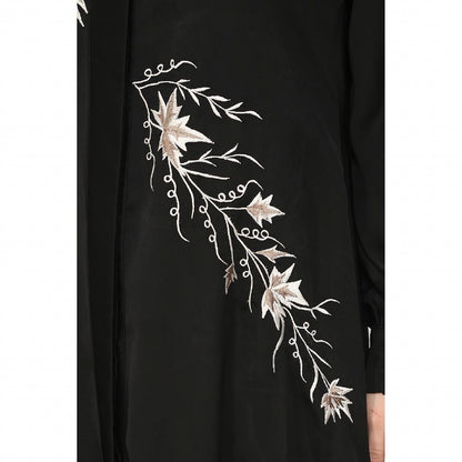 Front Open cuff sleeves Embroidery Abaya - Black