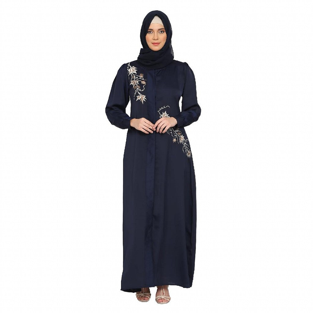 Front Open cuff sleeves Embroidery Abaya - Navy Blue