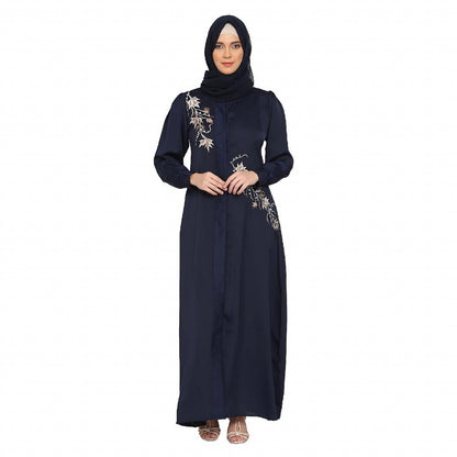 Front Open cuff sleeves Embroidery Abaya - Navy Blue