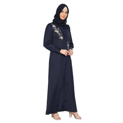 Front Open cuff sleeves Embroidery Abaya - Navy Blue