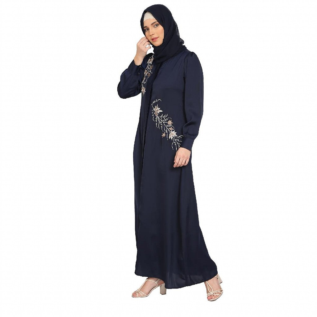 Front Open cuff sleeves Embroidery Abaya - Navy Blue