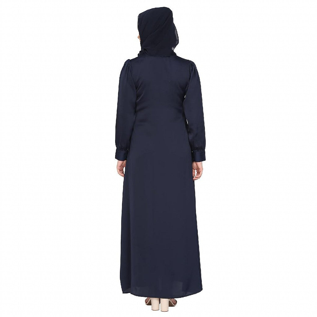 Front Open cuff sleeves Embroidery Abaya - Navy Blue