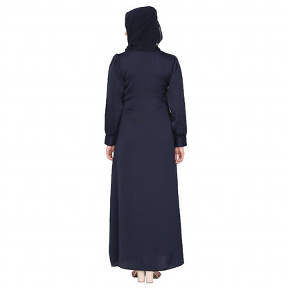 Front Open cuff sleeves Embroidery Abaya - Navy Blue