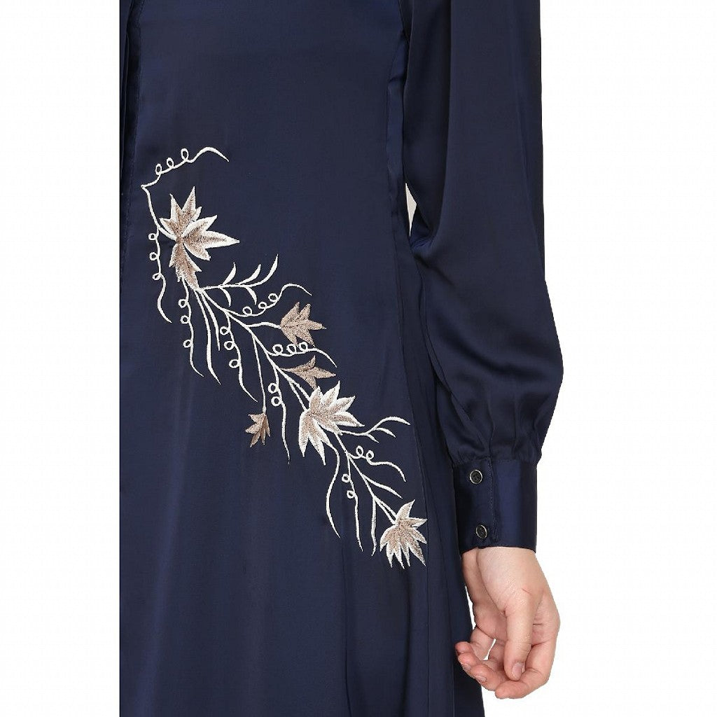 Front Open cuff sleeves Embroidery Abaya - Navy Blue
