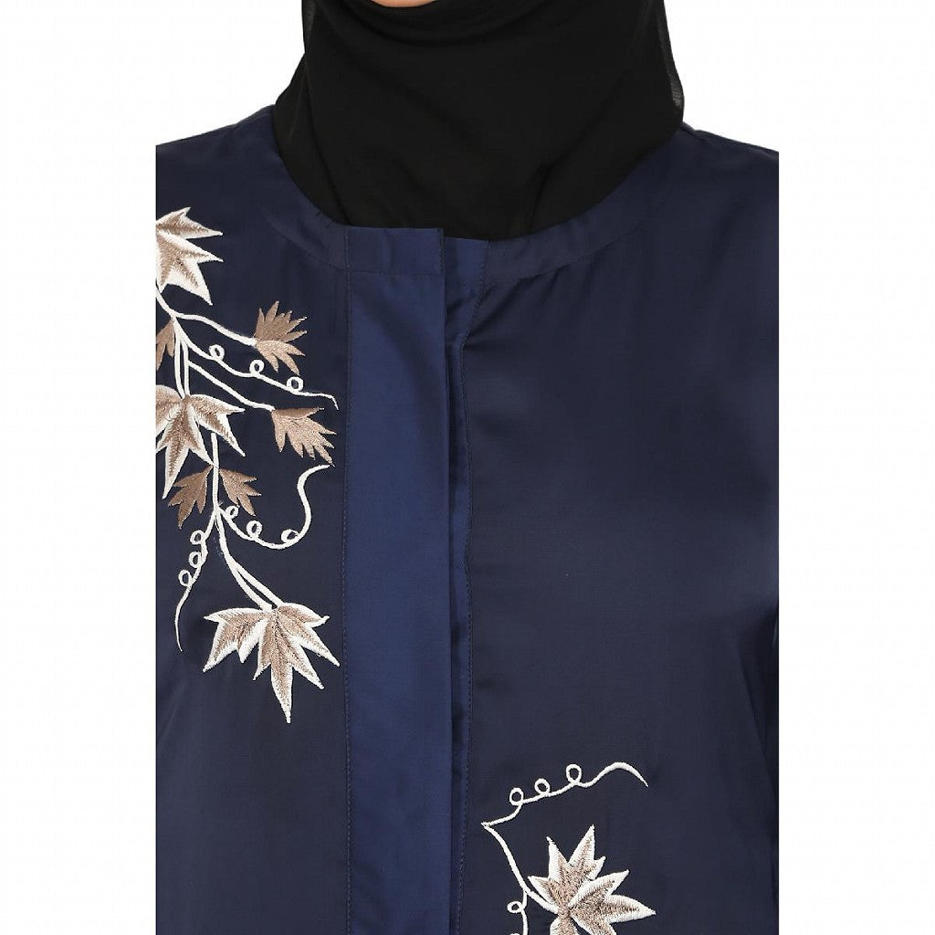 Front Open cuff sleeves Embroidery Abaya - Navy Blue