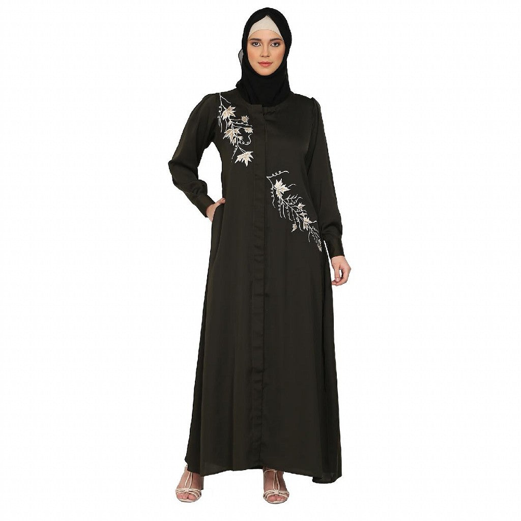 Front Open cuff sleeves Embroidery Abaya - Olive Green