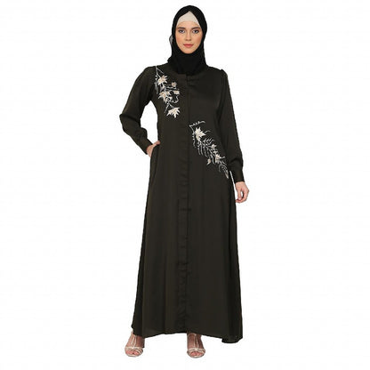 Front Open cuff sleeves Embroidery Abaya - Olive Green