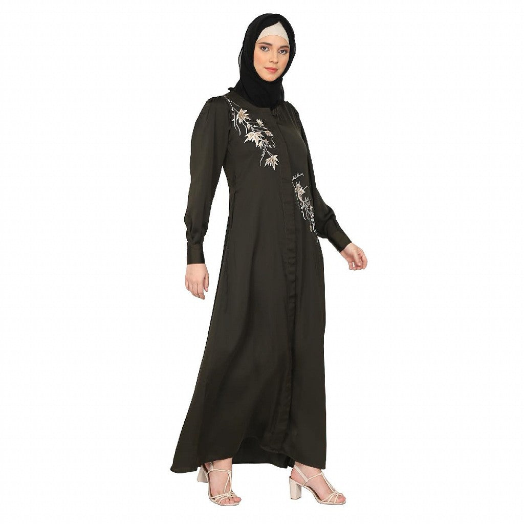 Front Open cuff sleeves Embroidery Abaya - Olive Green