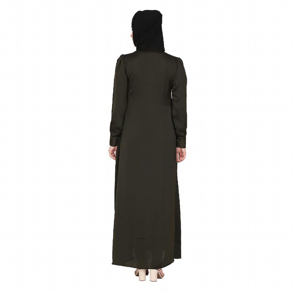 Front Open cuff sleeves Embroidery Abaya - Olive Green