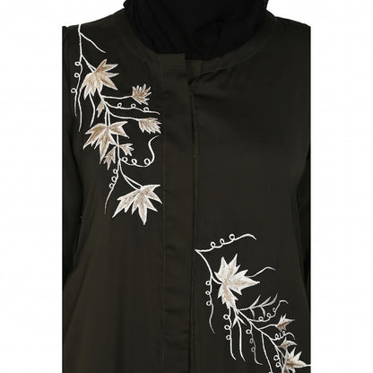 Front Open cuff sleeves Embroidery Abaya - Olive Green