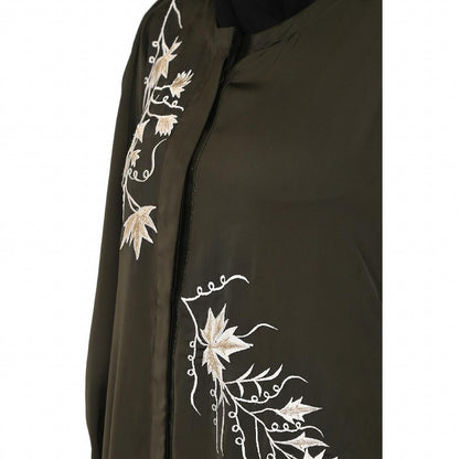 Front Open cuff sleeves Embroidery Abaya - Olive Green
