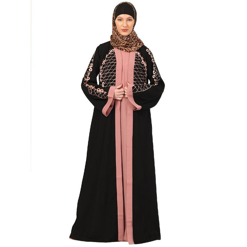 Embroidery Shrug with sleeveless inner abaya-Black-baby pink