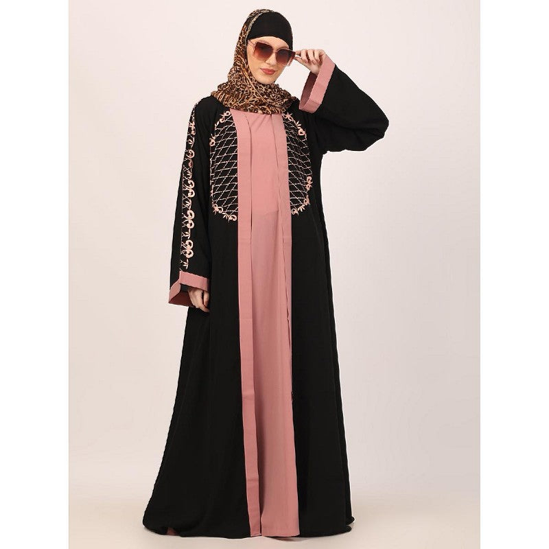 Embroidery Shrug with sleeveless inner abaya-Black-baby pink
