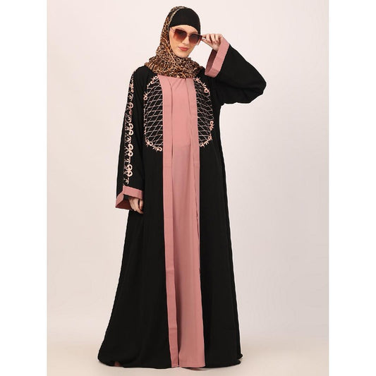 Embroidery Shrug with sleeveless inner abaya-Black-baby pink
