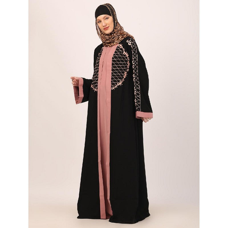 Embroidery Shrug with sleeveless inner abaya-Black-baby pink