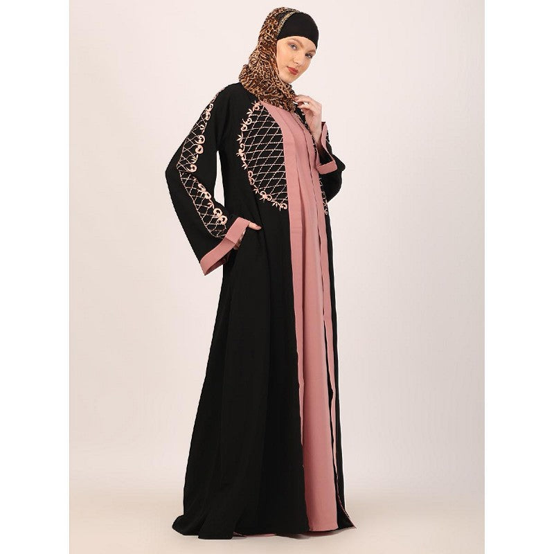 Embroidery Shrug with sleeveless inner abaya-Black-baby pink