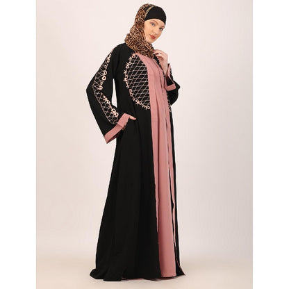 Embroidery Shrug with sleeveless inner abaya-Black-baby pink