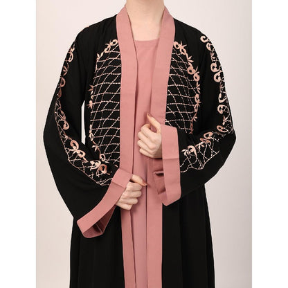 Embroidery Shrug with sleeveless inner abaya-Black-baby pink
