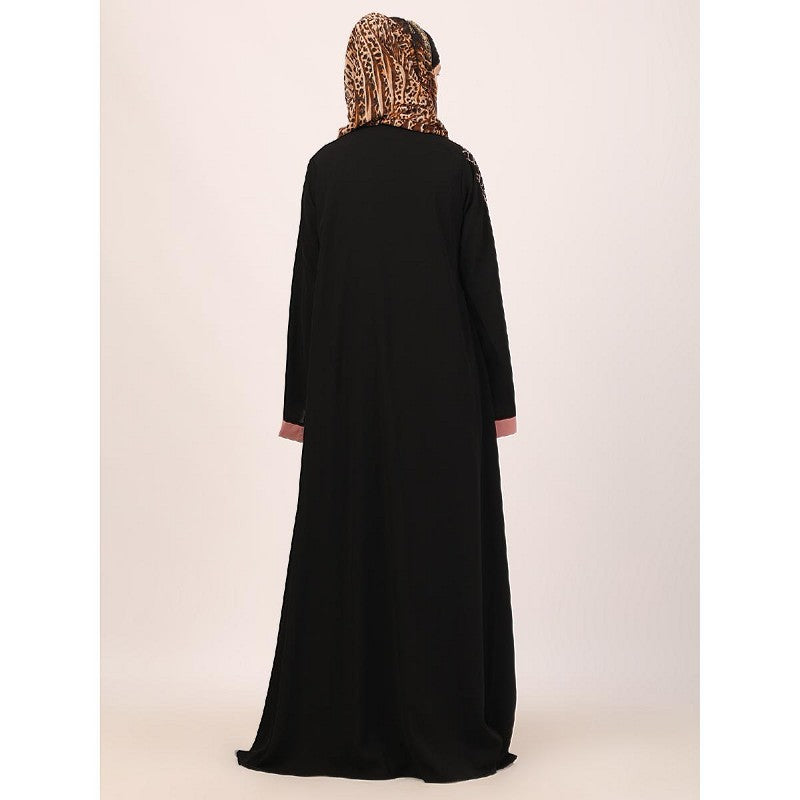 Embroidery Shrug with sleeveless inner abaya-Black-baby pink