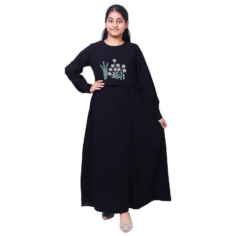 Kids Embroidery abaya- Black
