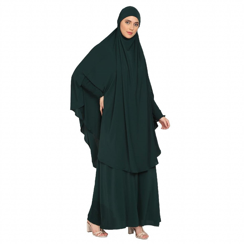 Premium Two Piece Jilbab combo in Firdaus Fabric-Bottle Green