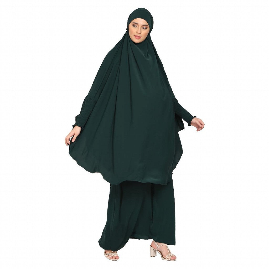Premium Two Piece Jilbab combo in Firdaus Fabric-Bottle Green