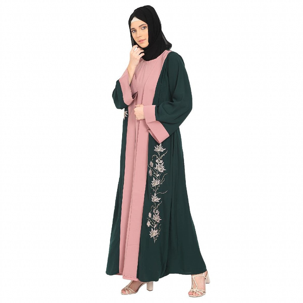 Embroidery work on layered abaya- Bottle Green-baby pink