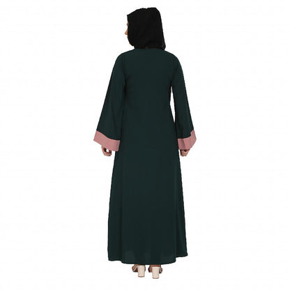 Embroidery work on layered abaya- Bottle Green-baby pink