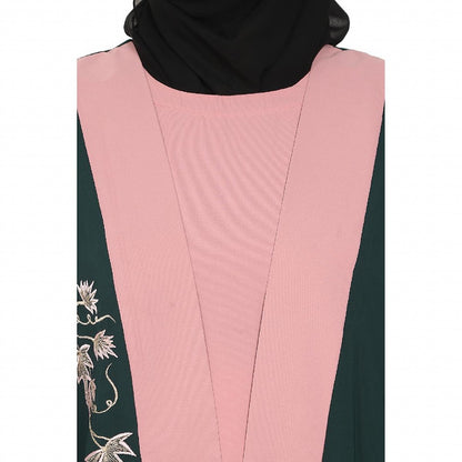 Embroidery work on layered abaya- Bottle Green-baby pink