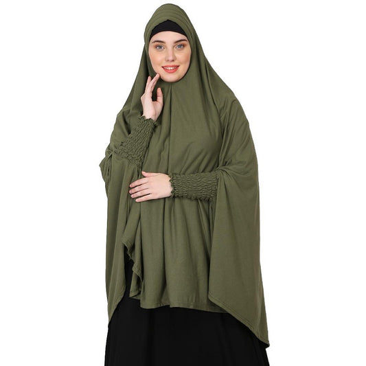 stretchable Jersey smoking at sleeve prayer khimar Hijab - Olive