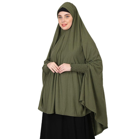 stretchable Jersey smoking at sleeve prayer khimar Hijab - Olive