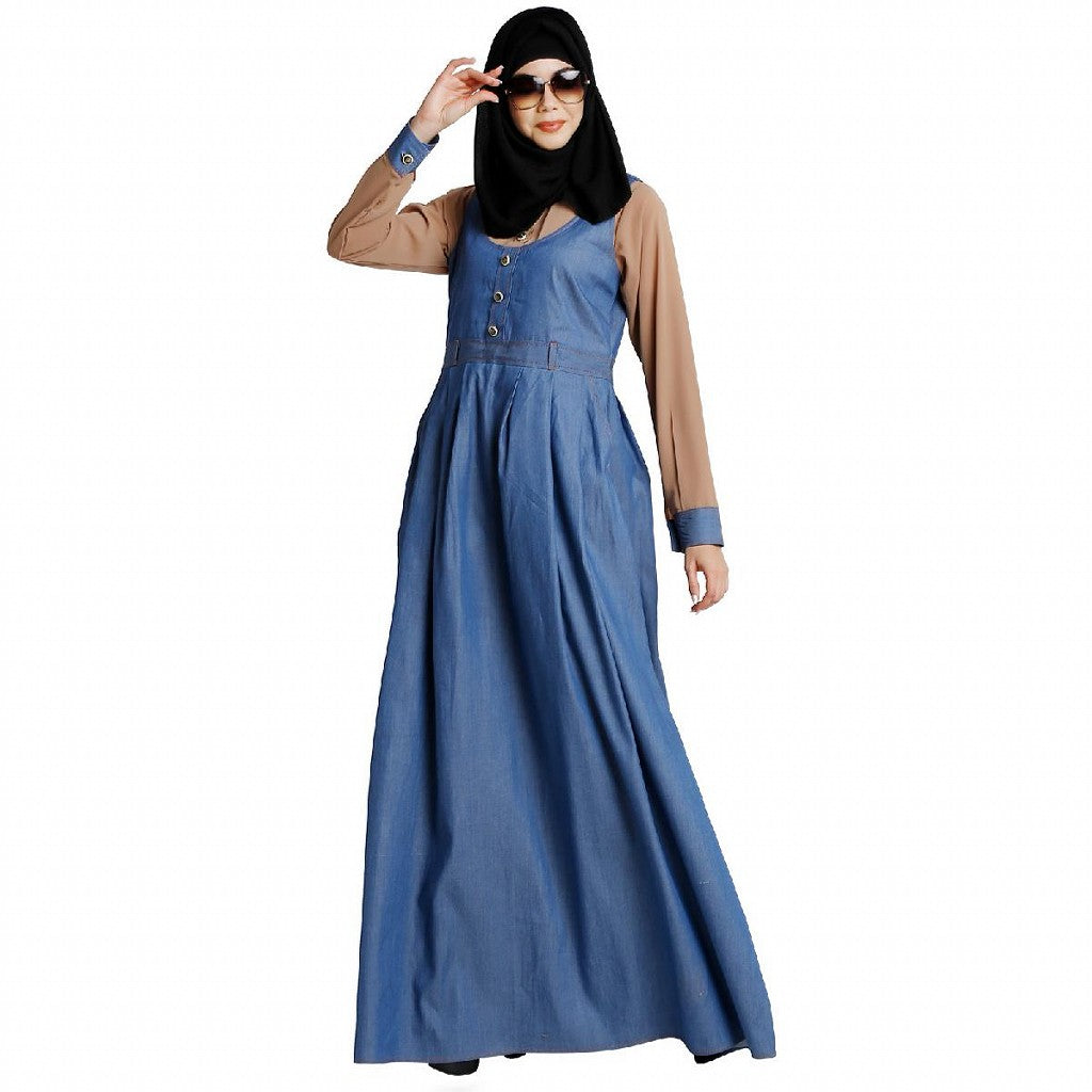 Classic Denim maxi dress with shirt collar- Khaki-Blue