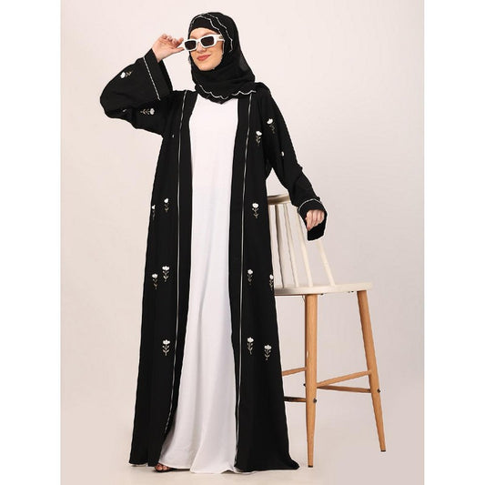 Layered abaya with embroidery work-Black-White