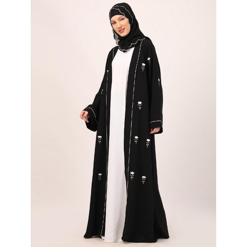 Layered abaya with embroidery work-Black-White