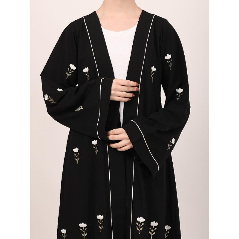 Layered abaya with embroidery work-Black-White
