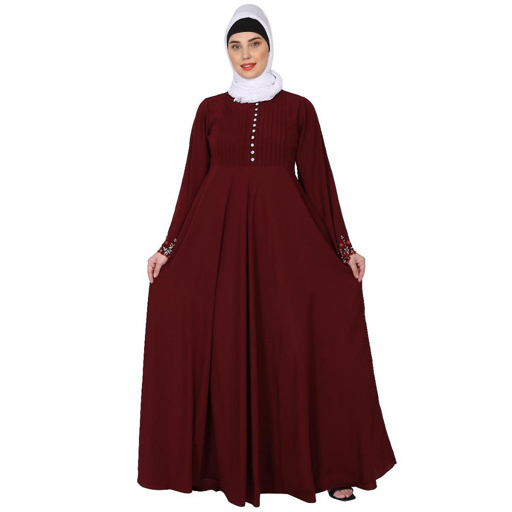 Fashionable Umbrella abaya with embroidery work -Maroon