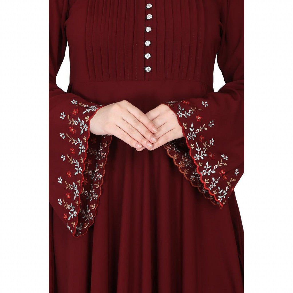 Fashionable Umbrella abaya with embroidery work -Maroon