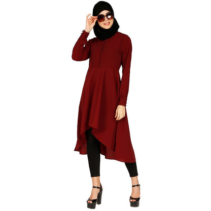 Modest Kurti with potli buttons neck design- Maroon