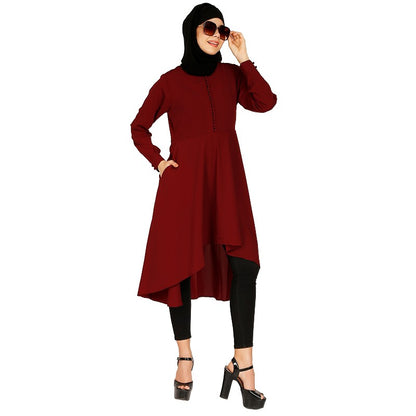 Modest Kurti with potli buttons neck design- Maroon
