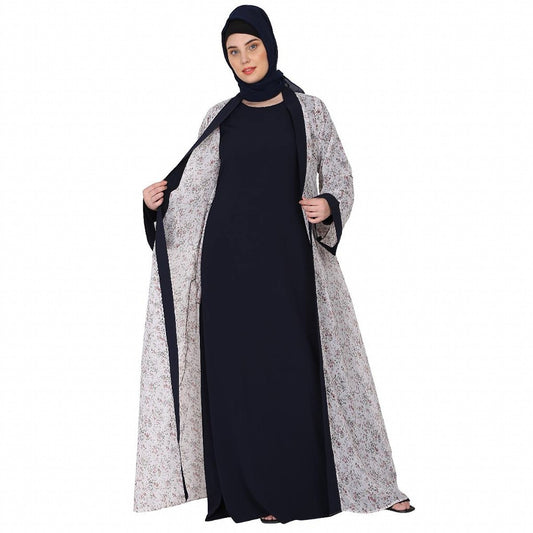 Shrug abaya combo- Off-white printed Shrug with Navy inner abaya