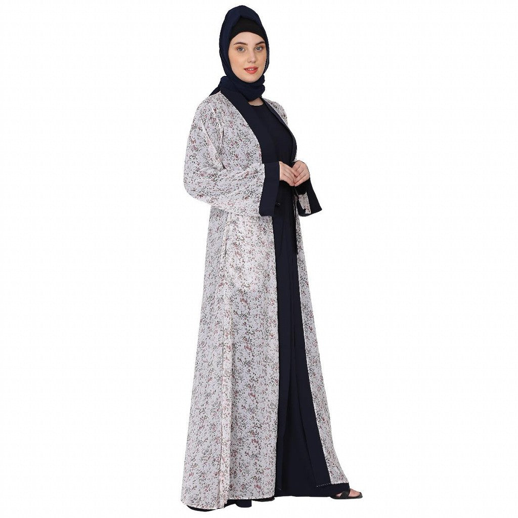 Shrug abaya combo- Off-white printed Shrug with Navy inner abaya