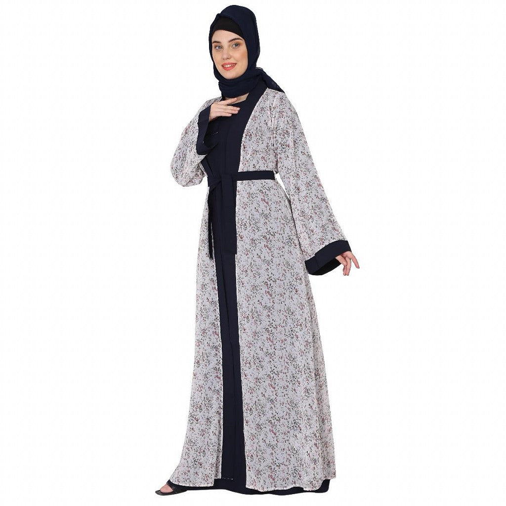 Shrug abaya combo- Off-white printed Shrug with Navy inner abaya