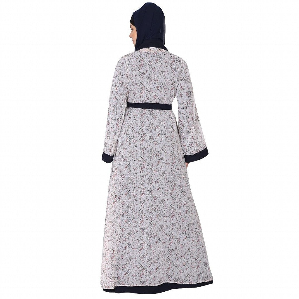 Shrug abaya combo- Off-white printed Shrug with Navy inner abaya