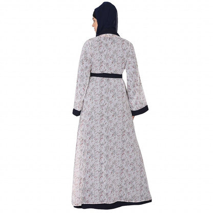 Shrug abaya combo- Off-white printed Shrug with Navy inner abaya