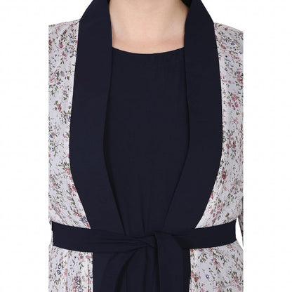 Shrug abaya combo- Off-white printed Shrug with Navy inner abaya