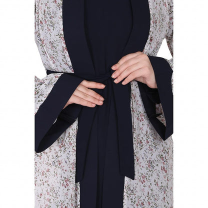 Shrug abaya combo- Off-white printed Shrug with Navy inner abaya